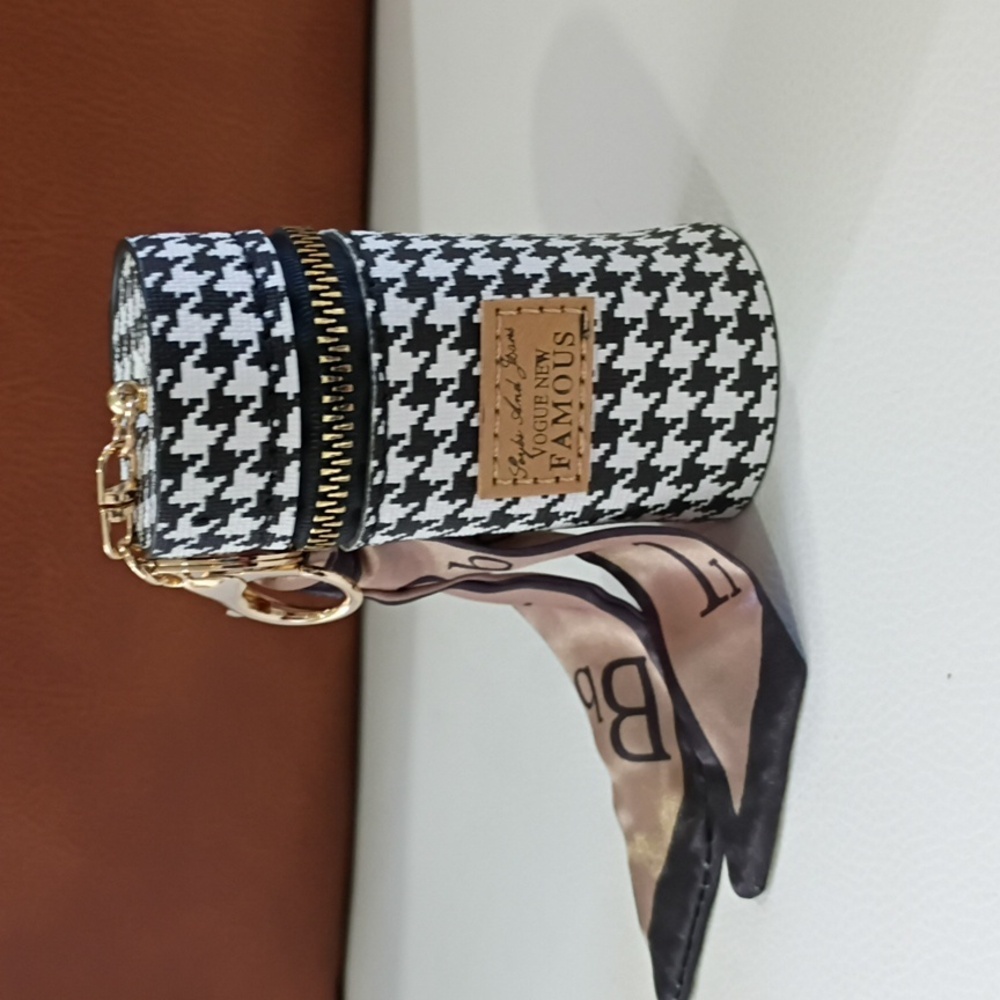 Black & White Houndstooth Cylinder Cosmetic Pouch with Scarf Accent